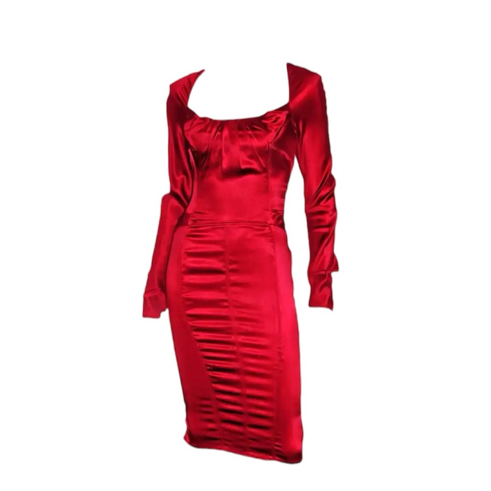 Iconic Tom Ford Gucci Fall 2003 Red Silk Corseted Bustle Dress 38